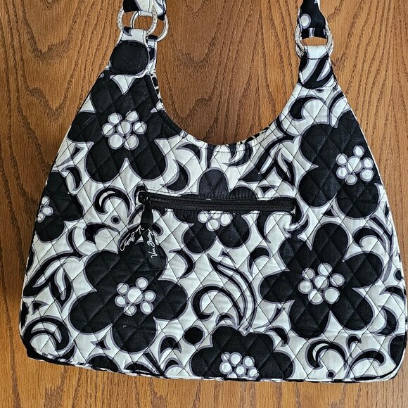 EUC Vera Bradley Big Black & White Flowered Tote Purse Bag Outside Zipper Pocket - Picture 1 of 4